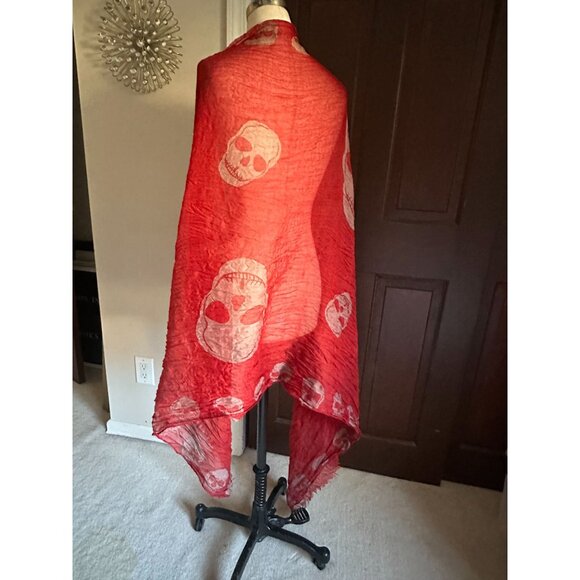 2 Long lightweight spooky skull theme shawls scarves White w/black and Red w/bei - Picture 5 of 7